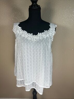 White Swiss Dot Floral Lace Tank Top Blouse Size Large Boho Cottagecore